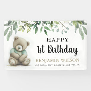 Cute Any Age Watercolor Teddy Bear Leaves Birthday Banner