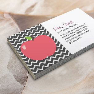 Cute Apple & Chalkboard Chevron Stripes Teacher Business Card