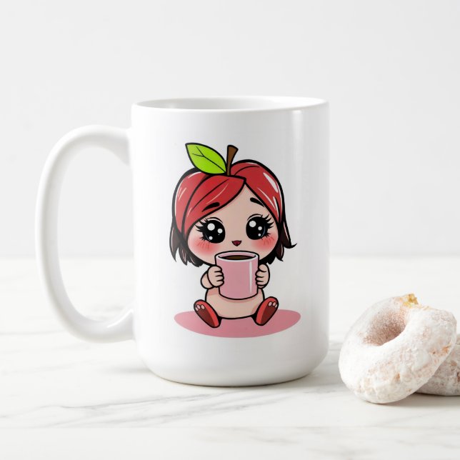 Cute Apple Head Chibi Drinking Coffee Coffee Mug (With Donut)