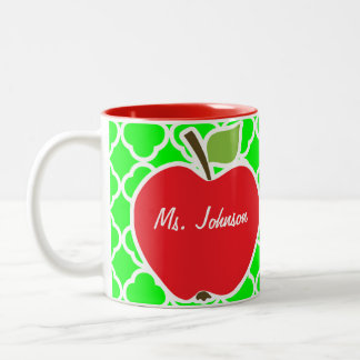 Cute Apple on Electric Green Quatrefoil Two-Tone Coffee Mug