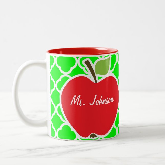 Cute Apple on Electric Green Quatrefoil Two-Tone Coffee Mug (Left)