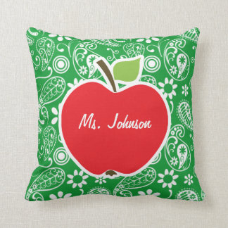 Cute Apple on Kelly Green Paisley Cushion