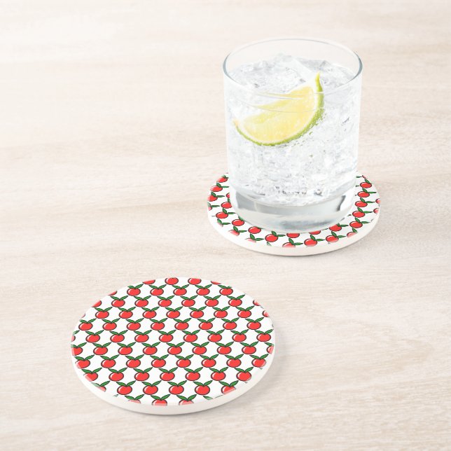 Cute Apple or Cherry, Fun Kitchen Fruit Cartoon Coaster (Side)