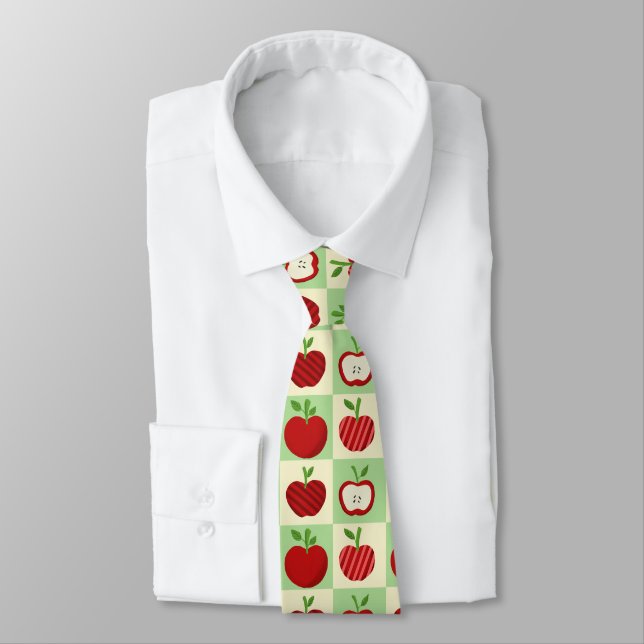 Cute Apple Pattern Green Fall Check Farmhouse Tie (Tied)