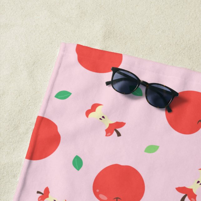 Cute Apple Pattern with Pink Background Beach Towel (In Situ)