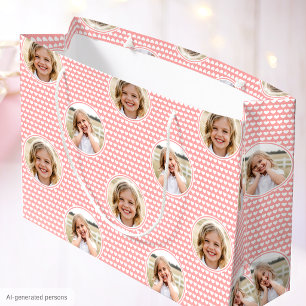 Cute Apricot Pink Hearts Kids Birthday Photo Large Gift Bag