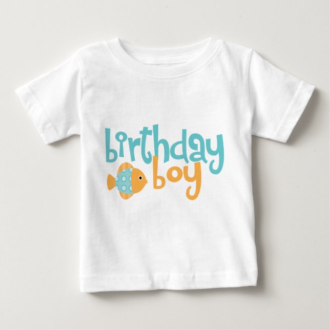 Cute Aqua and Orange Fish Birthday Boy Baby T-Shirt (Front)