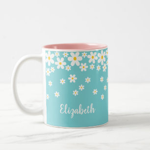 Cute Aqua and Yellow Whimsical Daisy Custom Text Two-Tone Coffee Mug