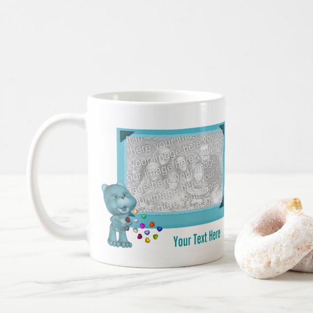 Cute Aqua Bear And Hearts Personalised Photo Coffee Mug (With Donut)