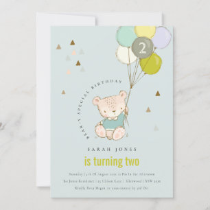 Cute Aqua Bear Balloon Any Age Birthday Invite