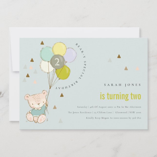 Cute Aqua Bear Balloon Any Age Birthday Invite (Front)