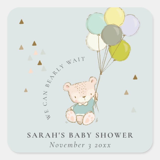 Cute Aqua Bearly Wait Bear Balloon Baby Shower Square Sticker (Front)