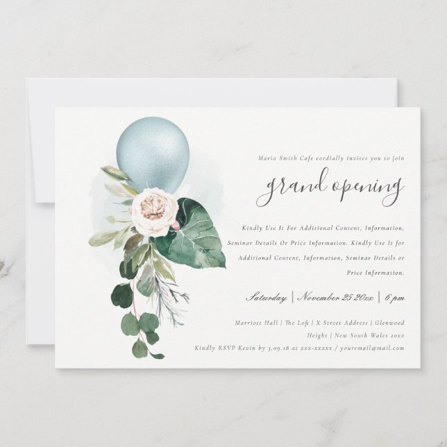 Cute Aqua Blue Balloon Floral Grand Opening Invite (Front)