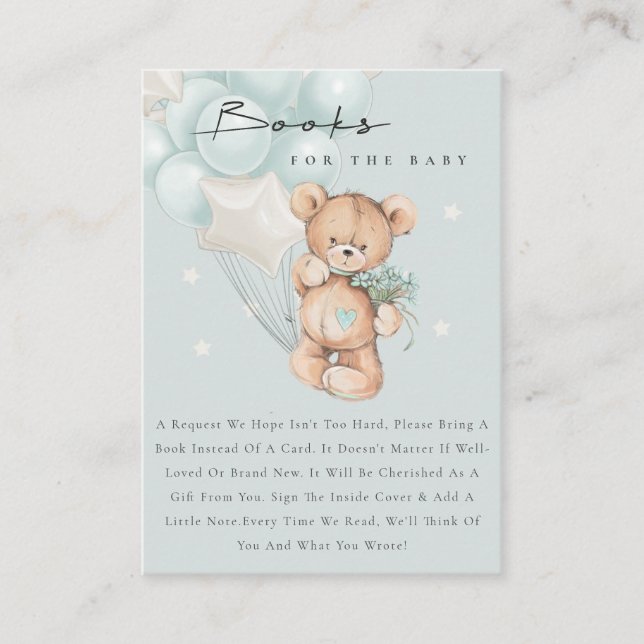 Cute Aqua Blue Bear Balloon Books For Baby Shower Enclosure Card (Front)