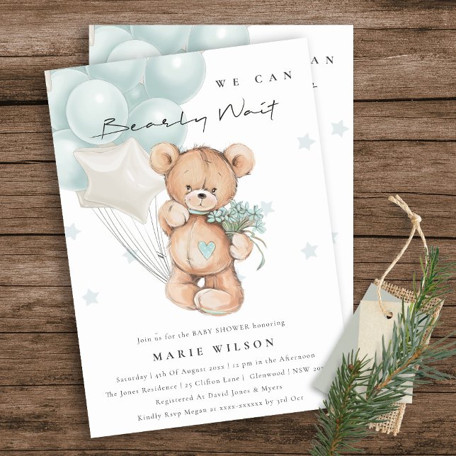 Cute Aqua Blue Bearly Wait Balloon Baby Shower Invitation (Creator Uploaded)