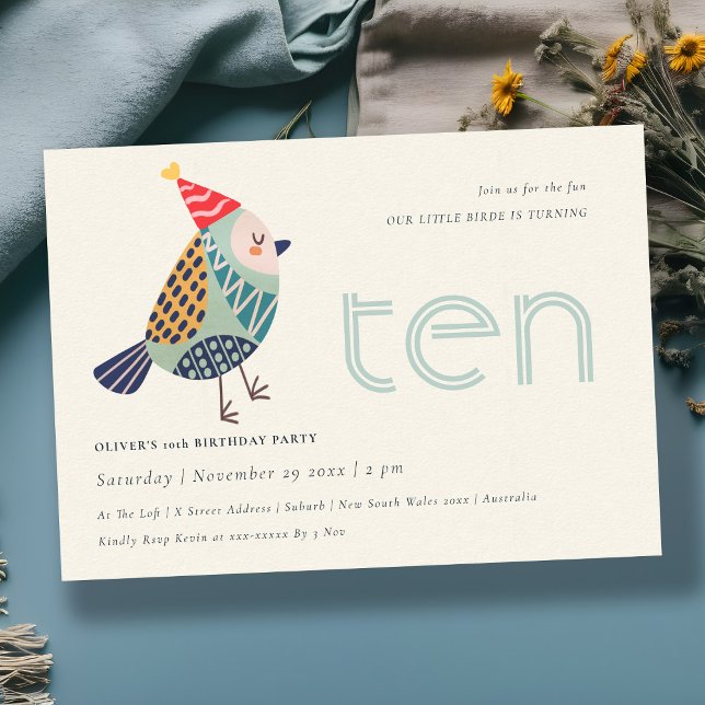 Cute Aqua Blue Birdie Any Age 10th Birthday Invite (Creator Uploaded)