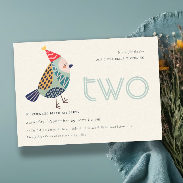 Cute Aqua Blue Birdie Any Age 2nd Birthday Invite (Creator Uploaded)