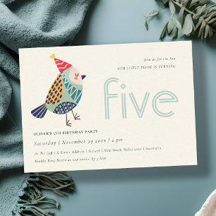Cute Aqua Blue Birdie Any Age 5th Birthday Invite