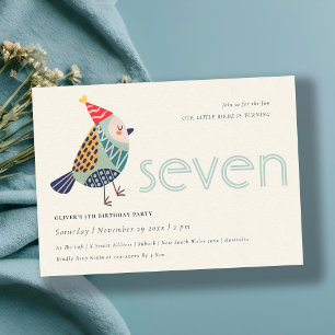 Cute Aqua Blue Birdie Any Age 7th Birthday Invite