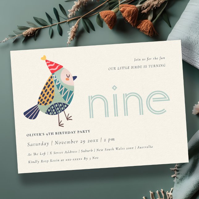 Cute Aqua Blue Birdie Any Age 9th Birthday Invite (Creator Uploaded)