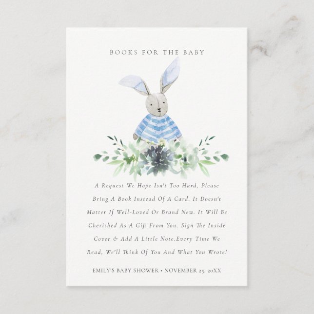 Cute Aqua Blue Bunny Foliage Books For Baby Shower Enclosure Card (Front)