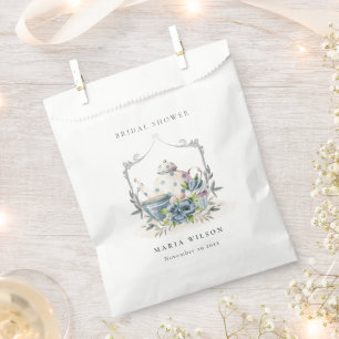 Cute Aqua Blue Floral Teapot Crest Bridal Shower Favour Bag