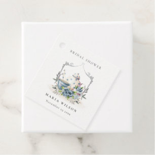 Cute Aqua Blue Floral Teapot Crest Bridal Shower Favour Tags