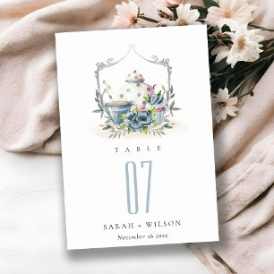 Cute Aqua Blue floral Teapot Cup Crest Wedding Table Number