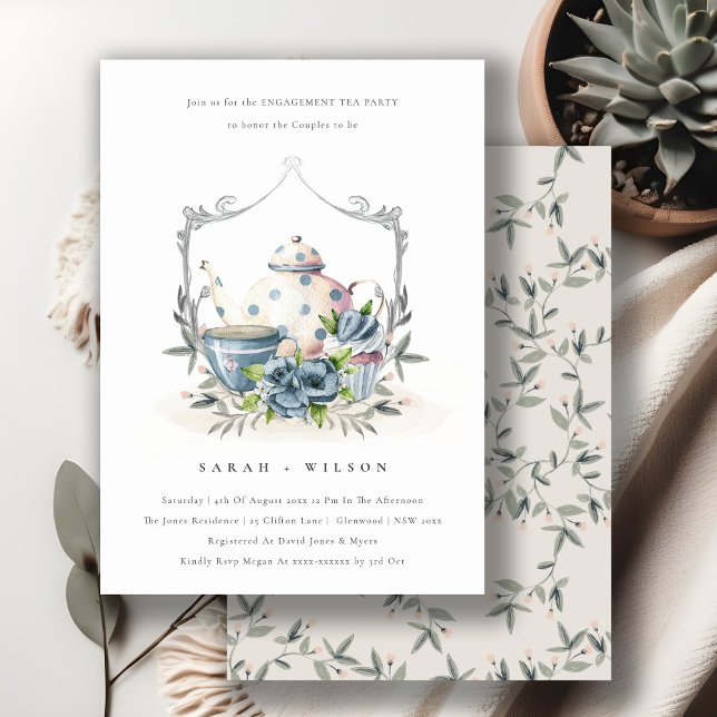 Cute Aqua Blue Floral Teapot Cup Engagement Invite (Creator Uploaded)