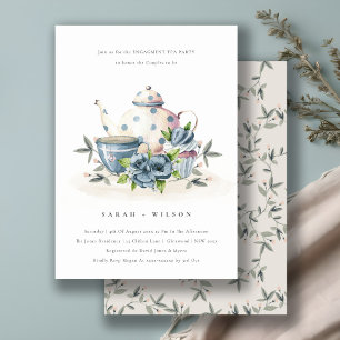 Cute Aqua Blue Floral Teapot Cup Engagement Invite