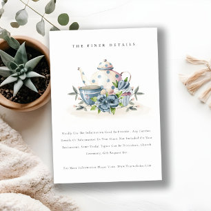 Cute Aqua Blue Floral Teapot Cup Wedding Details Enclosure Card