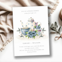 Cute Aqua Blue Floral Teapot Cup Wedding Invite