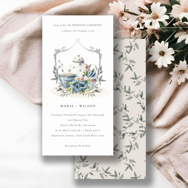 Cute Aqua Blue Floral Teapot Cup Wedding Invite (Creator Uploaded)