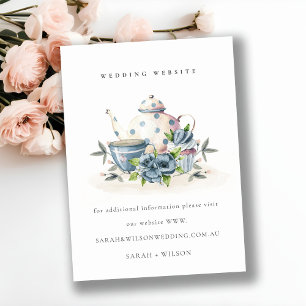 Cute Aqua Blue Floral Teapot Cup Wedding Website Enclosure Card