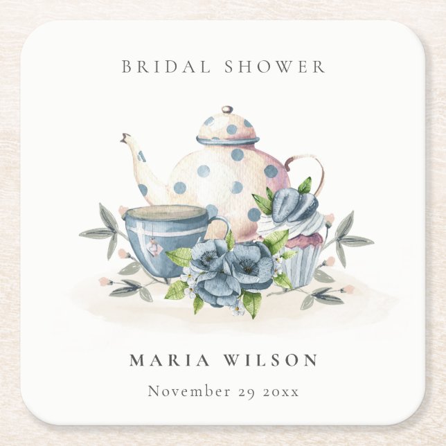 Cute Aqua Blue Floral Teapot Cups Bridal Shower Square Paper Coaster (Front)