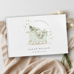 Cute Aqua Blue Gold Winter Sleigh Any Age Birthday Guest Book