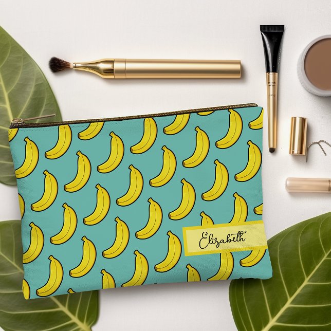 Cute Aqua Blue Yellow Banana Personalised  Accessory Pouch (Cute Aqua Blue Yellow Banana Personalized Accessory Pouch)