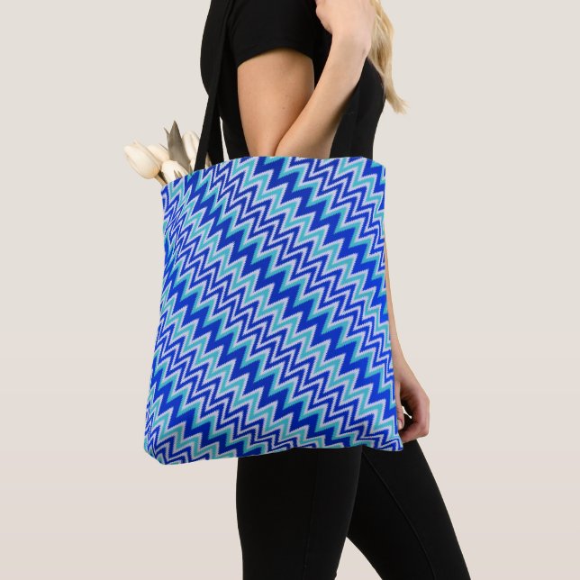 Cute aqua blue zigzag stripes tote bag (Close Up)