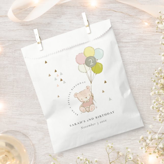 Cute Aqua Blush Bear Balloon Any Age Birthday Favour Bag (Clipped)