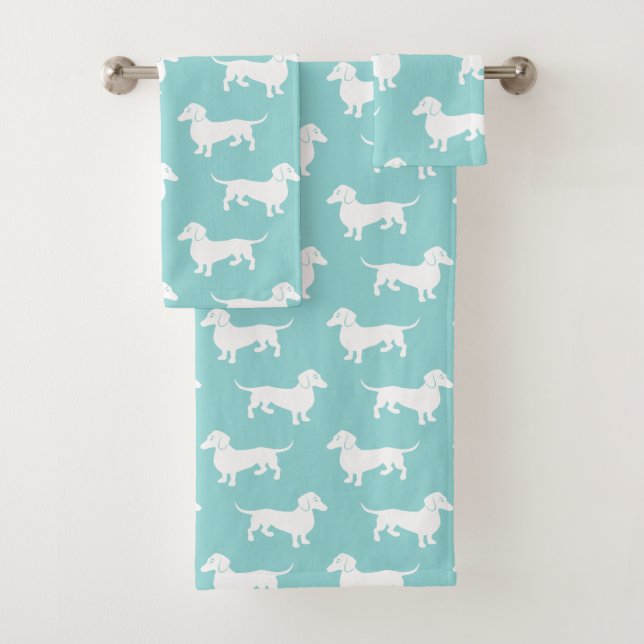 Cute Aqua Dachshund Pattern Customisable Colour Bath Towel Set (Insitu)