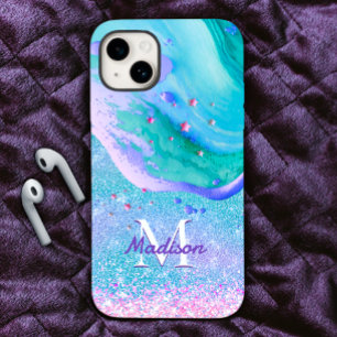 Cute aqua glitter purple marble art monogram iPhone 15 case