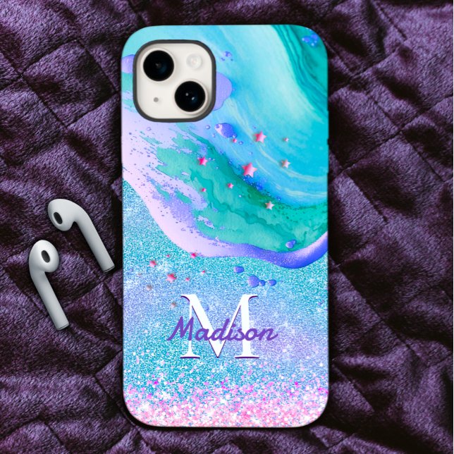 Cute aqua glitter purple marble art monogram Case-Mate iPhone case (Creator Uploaded)