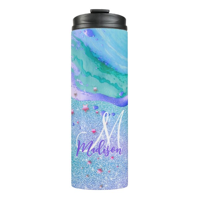 Cute aqua glitter purple marble art monogram thermal tumbler (Front)