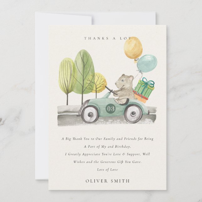Cute Aqua Green Any Age Birthday Party Teddy Car Thank You Card (Front)