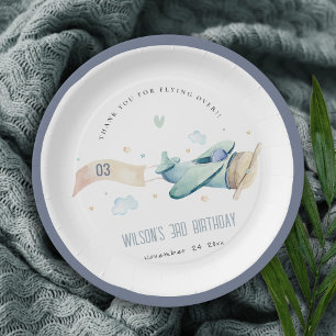 Cute Aqua Green Blue Kids Plane Clouds Birthday Paper Plate