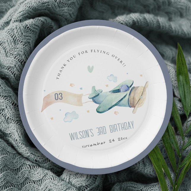 Cute Aqua Green Blue Kids Plane Clouds Birthday Paper Plate (Creator Uploaded)