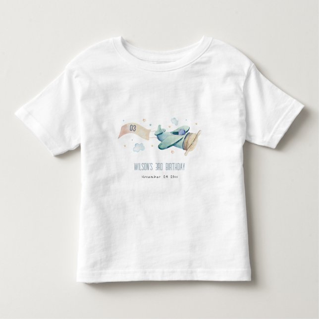 Cute Aqua Green Blue Kids Plane Clouds Birthday Toddler T-Shirt (Front)