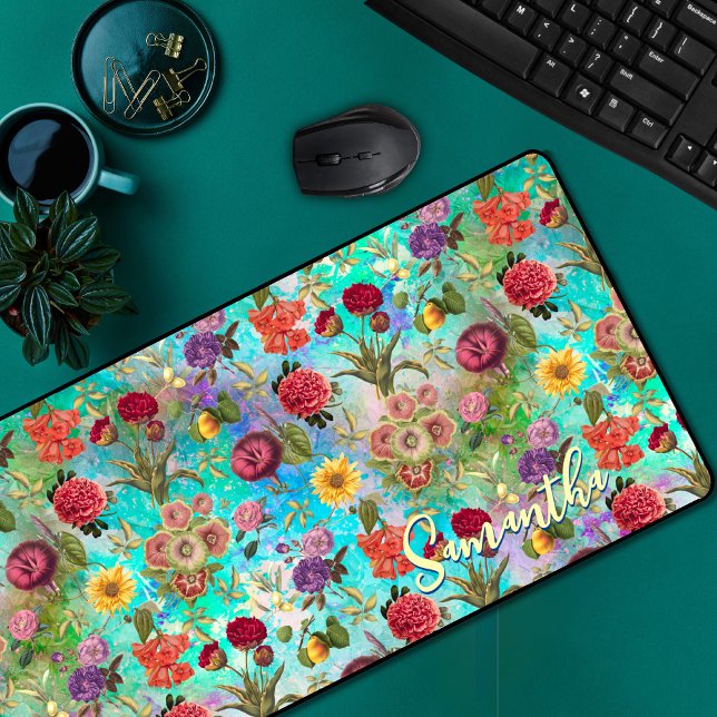 Cute aqua green elegant Floral pattern  Desk Mat (Creator Uploaded)