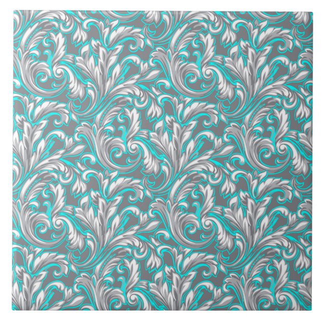 Cute aqua grey seamless floral pattern ceramic tile (Front)