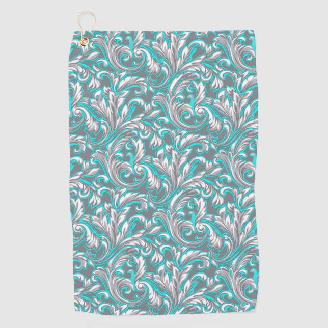 Cute aqua grey seamless floral pattern golf towel (Front)